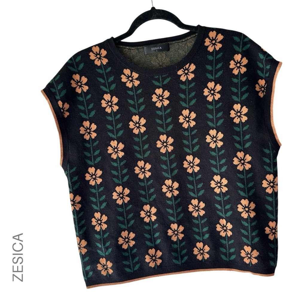 ZESICA FLORAL KNIT TOP SWEATER VEST LIKE NEW CREWNECK BLACK APRICOT GREEN LARGE